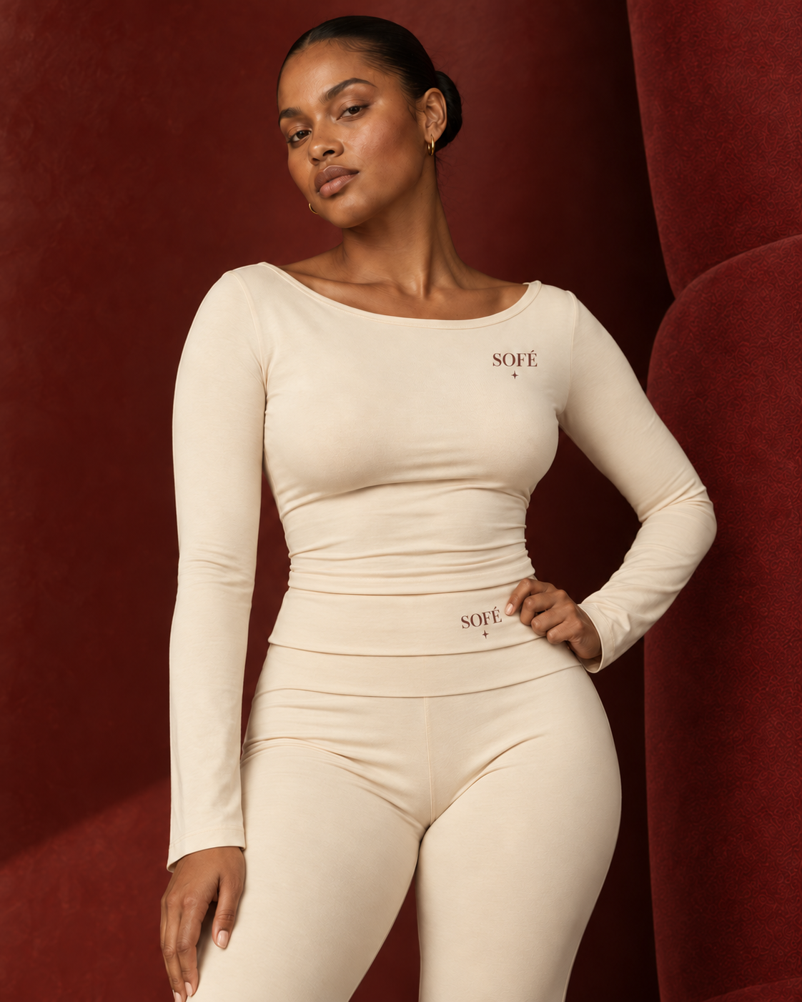 AI Sofé campaign portrait: a brown-skinned model in Vanilla Butter with left-chest Sofé branding